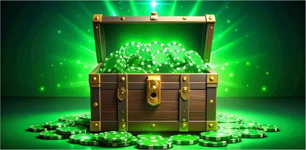 صندوق كنوز WinWin مفتوح مليء بالرقائق الخضراء المربحة
